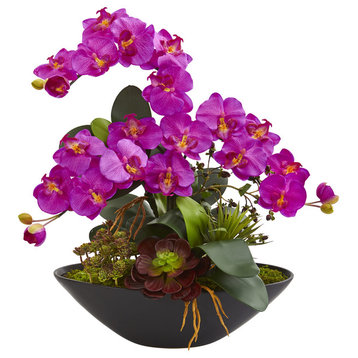 Phalaenopsis Orchid and Mixed Succulent Faux Arrangement in Vase, Purple