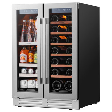 24" French Door Wine Beverage Cooler 20 Bottle+60 Can Dual Zone Refrigerator