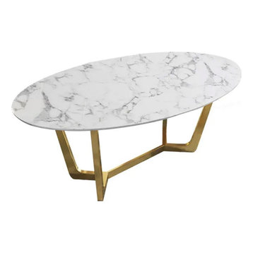 Oval Dining Table White Faux Marble Dining Table Modern 63" Dining Table