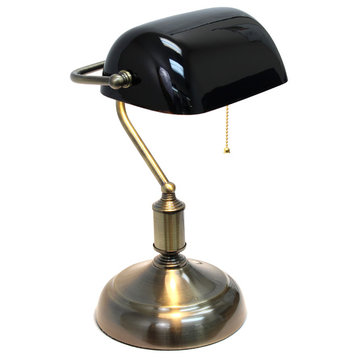Simple Designs Executive Banker's Desk Lamp, Glass Shade, Black, Antique Nickel