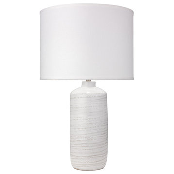 Trace Table Lamp, White Ceramic With Large Drum Shade, White Linen