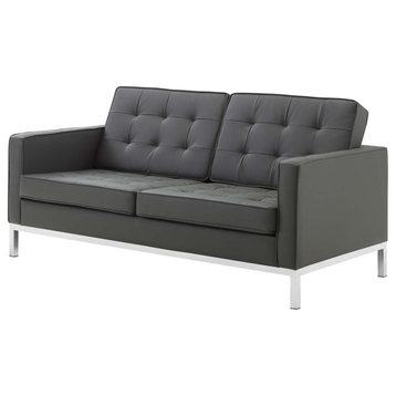 Modern Designer Lounge Loveseat Sofa, Faux Vinyl Leather, Grey Gray Silver