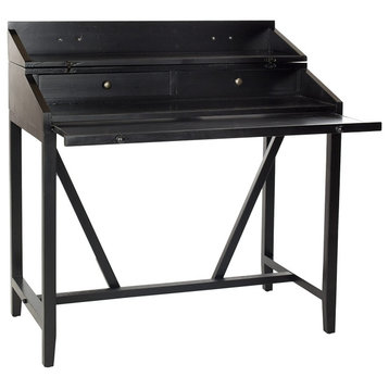 Unique Convertible Desk, Pine Wood Frame With Pull Out Tray & Drawers, Black