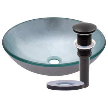Argento Silver Foiled Round Tempered Glass Vessel Bath Sink and Drain, Oil Rubbed Bronze