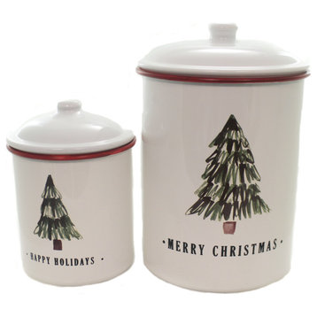 Christmas RED &  WHITE TREE ENAMEL CANISTER SET Decorative Use Only 164511