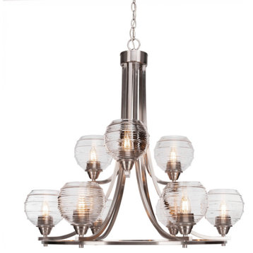Paramount 9-Light Chandelier, Brushed Nickel, 6" Clear Ribbed Glass