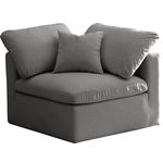 Meridian Furniture - Plush Velvet / Down Standard Comfort Modular Chair, Gray, Corner Chair - No matter how big or little the size of your gang, they can all find their sweet spot when you choose pieces from the Plush collection to build your ideal seating group. Choose this individual Plush piece or pair multiple pieces together to get the custom look everyone will love. The soft grey velvet material is soft and welcoming to the touch, and the set's cushions are overstuffed with a down and feather blend to provide ample support for tired bodies.