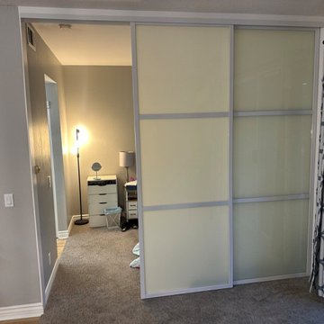 Top Hung Room Dividers White Frame White Laminated Glass 3 panel / 3 track.