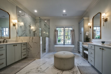 Large elegant master porcelain tile and double-sink bathroom photo in Other with flat-panel cabinets, an undermount sink, quartzite countertops and a hinged shower door