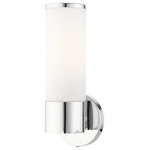Livex Lighting - Polished Chrome Contemporary, Minimal, Urban, Clean Single Sconce - Add a dash of character and radiance to your home with this wall sconce. This single-light fixture from the Lindale Collection features a polished chrome finish with a satin opal white. The clean lines of the back plate complement the cylindrical glass shade adorned with detailed trim on top creating a minimal, sleek, urban look that works well in most decors. This fixture adds upscale charm and contemporary aesthetics to your home.