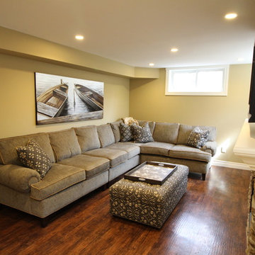 Basement recreation room new stone fireplace and built-ins