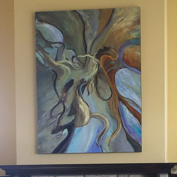 Custom art in two-story great room | Che Bella Interiors
