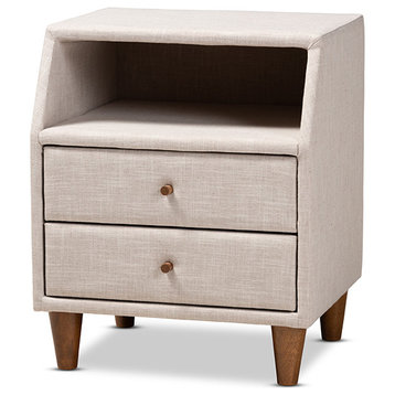Claverie Mid-Century Modern Beige Fabric Upholstered 2-Drawer Wood Nightstand