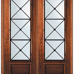 Prehung Double Door 96 Wood Mahogany Republic 3/4 Lite Wrought Iron - Front Doors
