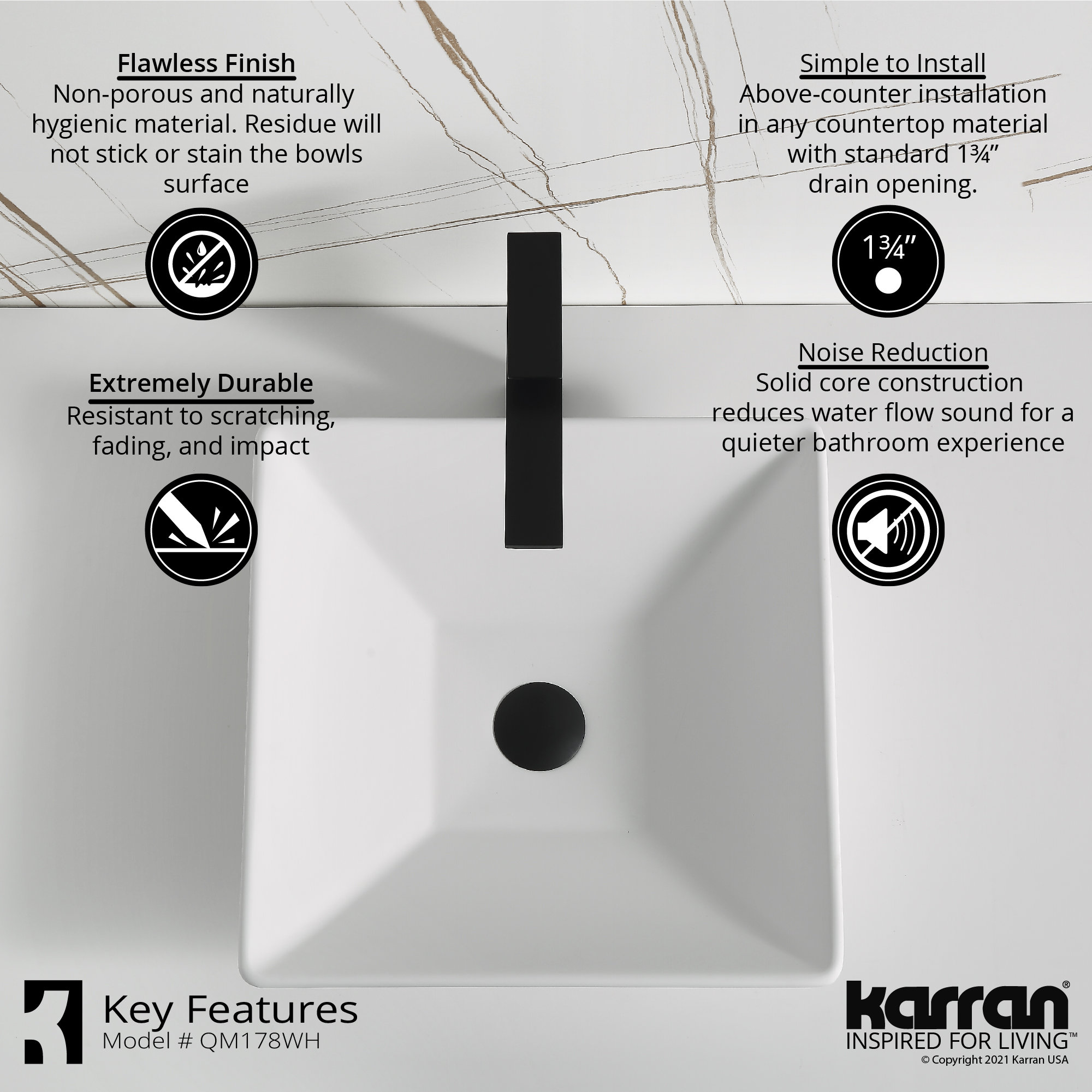 Karran White Acrylic 16" Square Vessel Sink With Faucet Kit, Stainless Steel