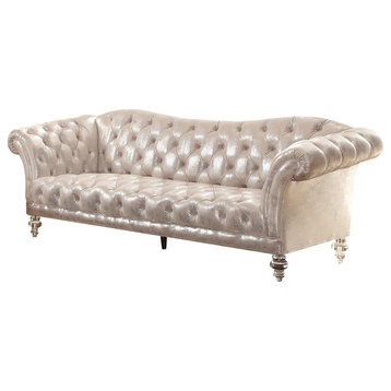 Traditional Sofa, Button Tufted Seat & Back With Acrylic Legs, Metallic Silver
