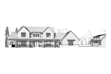 Großes, Zweistöckiges Landhausstil Einfamilienhaus mit Mix-Fassade, weißer Fassadenfarbe, Satteldach, Blechdach, schwarzem Dach und Wandpaneelen in Toronto