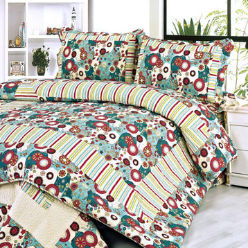 Dianthe100%Cotton 3PC Floral Vermicelli-Quilted Patchwork Quilt Set Full/Queen