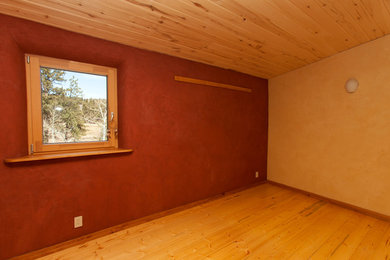 Inspiration for a master light wood floor bedroom remodel in Denver with red walls