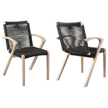 Nabila Outdoor Light Eucalyptus Wood and Charcoal Rope Dining Chairs - Set of 2