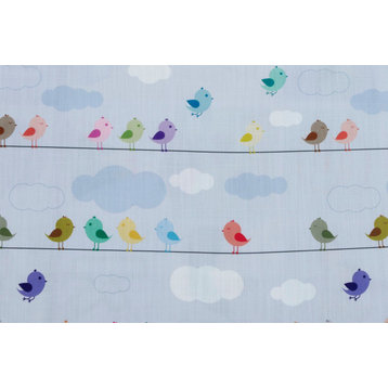 Cute Birds Kids Printed Cotton Fabric By The Yard, Light Blue Printed Fabric