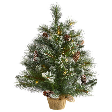 2' Frosted Pine Faux Xmas Tree W/ 35 Clear LED Lights, Pinecones and Burlap Base