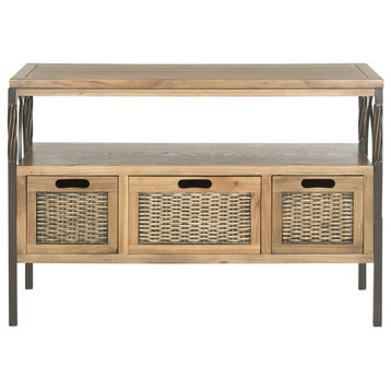 Unique Console Table, Pewter Metal Frame With Twist Accent and 3 Drawers, Oak