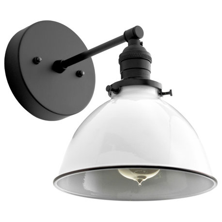 Industrial Wall Sconce, White Metal Shade, Black