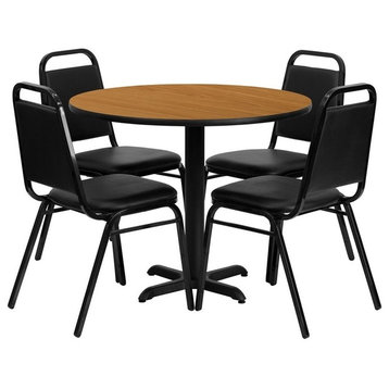 36'' Round Natural Laminate Table, 4 Black Trapezoidal Back Banquet Chairs
