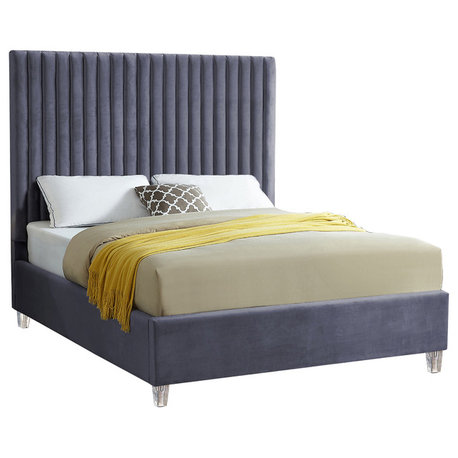 Candace Velvet Upholstered Bed, Gray, King