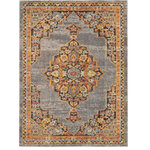 Nourison - Nourison Passionate Area Rug, Gray, 5'3"x7'3" - With a glistening grey field, the dramatic corner and medallion design of this Passionate Collection rug creates a dramatic presence in any room. Distressed, abrash tones mirror the vintage look of classic Persian rugs, with beautifully ornate floral accents on an soft, easy-care pile.