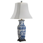 Chang'e - Blue & White Rectangular English Jar Lamp - Handpainted porcelain lamp with matching handpainted porcelain finial. Empire shade is lined off-white satin. Accommodates a three-way bulb up to 150 watts.