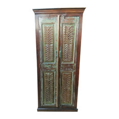 Consigned Antique Indian Armoire Wardrobe Large Cabinet Distressed Storag