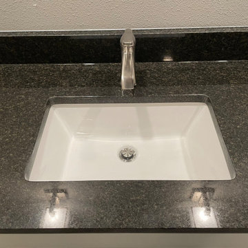 BATHROOM - New Tub, 12x24 Dark Tile, Gray Plank Floor Tile, Tebas Black Granite