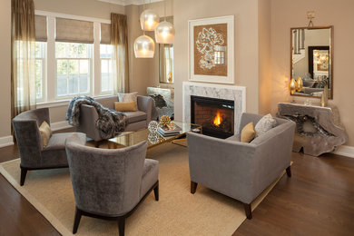 Inspiration for a timeless dark wood floor and brown floor living room remodel in New York with beige walls and a standard fireplace