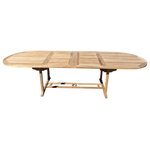 Windsor Teak Furniture - Grade A Teak 138x39 Oval Extension Table, Seats 12-14 - Buckingham 138" Oval Double Leaf Extension Table "Extra Thick" is one majestic Grade A Teak table that will surely be a family heirloom. The Buckingham 138" comes with two 26" leafs.  It's 86" closed , 112" with one leaf open, and 138" opened. ...makes 3 size tables! Comfortably seating 12-14 adults and the unique built-in butterfly pop-up leaf design enables you to open and close your table in 15 seconds. Comes with cap covered umbrella hole. Some Assembly,
