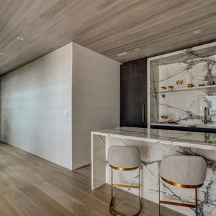 トロントの中サイズのモダンスタイルのおしゃれな着席型バー (ドロップインシンク、フラットパネル扉のキャビネット、濃色木目調キャビネット、大理石カウンター、白いキッチンパネル、大理石の床、無垢フローリング、ベージュの床、黄色いキッチンカウンター) の写真
