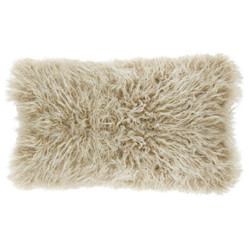 Mongolian Faux Fur Poly Filled Throw Pillow, Oatmeal, 12"x20"