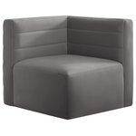 Meridian Furniture - Quincy Modular Component, Gray, Corner Chair - Show them all that less is more with the minimalist look of this Quincy velvet cloud-like comfort modular corner chair. This elegant chair features a simple design that's all about comfort and modern style. The soft grey velvet upholstery is sleek to the touch, and the back of the unit features deep horizontal channel tufting for a look that wows. Because this is a modular seating option, you can pair it easily with other items in the Quincy collection to create a look you love. Latches underneath make it easy to mix and match items from the collection.