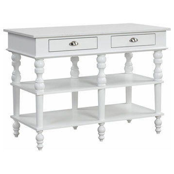 Classic Kitchen Island, Carved Column Support With 3 Drawers & Shelves, White