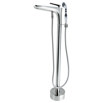 Pluto Floor Mounted Triangle Head Tub Filler Faucet with Handshower, Brushed Nickel, Breeze Handle