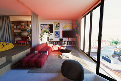 Idée de décoration pour un salon bohème de taille moyenne et ouvert avec un mur beige, aucune cheminée, un téléviseur fixé au mur et un sol gris.