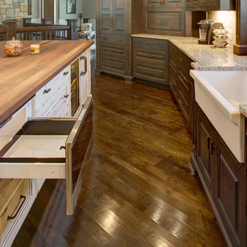 Rustic Alder cabinetry with painted and glazed island.