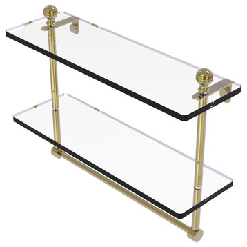 Mambo 16" 2-Tiered Glass Shelf, Integrated Towel Bar, Unlacquered Brass