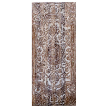 Consigned Vintage Whitewashed Lotus Carved Sliding Barn Door, Interior Wall Art