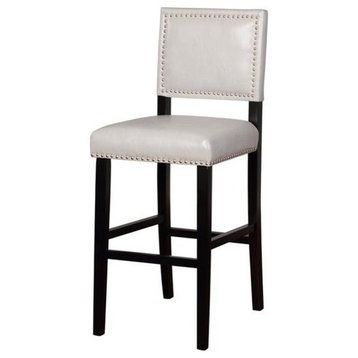 Linon Brook 30" Wood Bar Stool Lt Gray Faux Leather Nailhead Trim in Black Stain