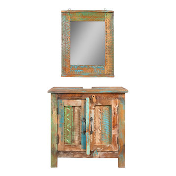 vidaXL Solid Wood Bathroom Vanity Cabinet Set Mirror 2 Doors Vintage Style
