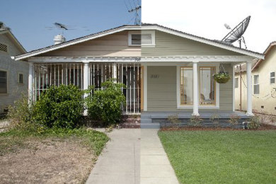 This is an example of a mid-sized arts and crafts one-storey green exterior in Los Angeles with wood siding.