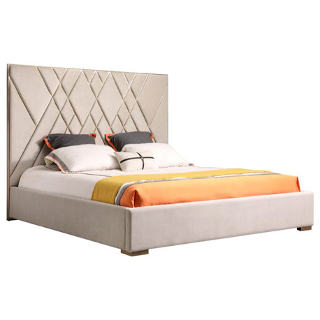 Modrest Eldora Glam Beige Velvet and Brushed Brass Bed, Eastern King