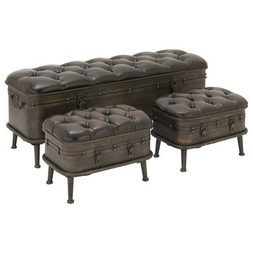Set of 3 Storage Bench, Vintage Design With Tufted Faux Leather Seat, Dark Brown